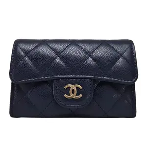 Pre-owned CHANEL Leather Small Leather Goods Caviar Quilted Flap Card Holder Wallet Navy Blue
