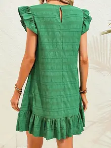 Women's Solid Color Ruffle Smoked Dress, Elegant Casual Wear, Perfect for Daily, Stylish, Chic and Comfortable Fashion Fit