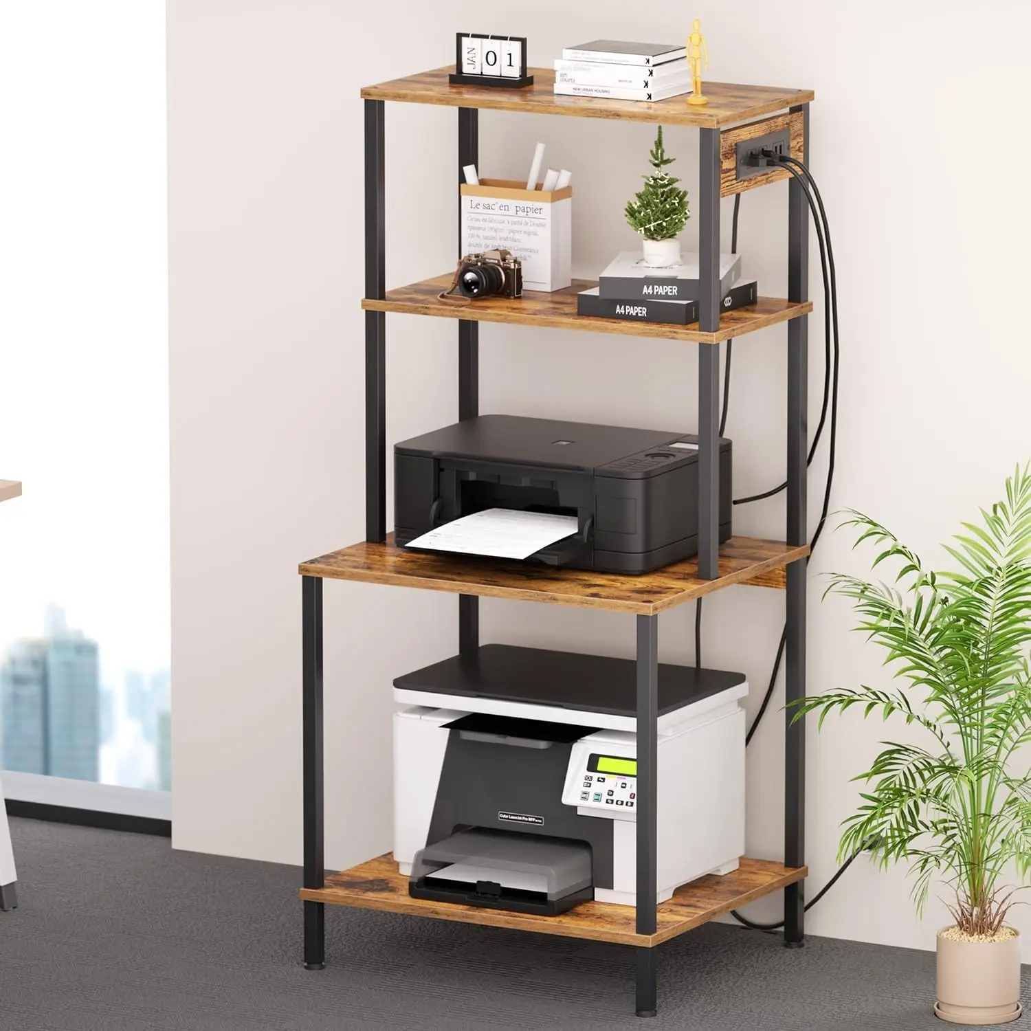 49" Tall 4-Tier Large Printer Stand with Charging Station, Mobile Heavy Duty Printer Table with Lockable Wheels, Storage Shelf for Home Office, Rustic Brown