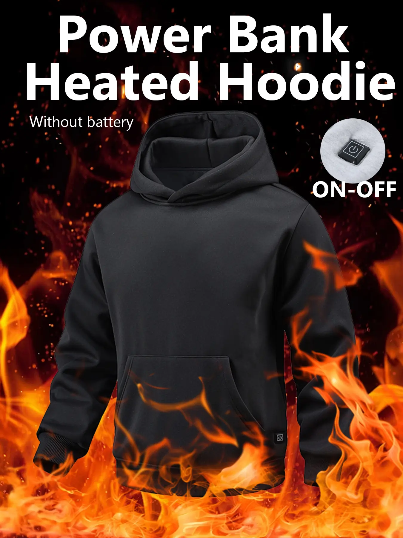 Men USB Electric Heated Pullover Hoodie, Winter Warm Thermal Heating Sweatshirt With Kangaroo Pocket & On-Off Button Control, USB Power Bank Powered Hoodie for Outdoor Cycling Fishing Camping Daily Casual Wear, Power Bank Not Included, Multi Colors
