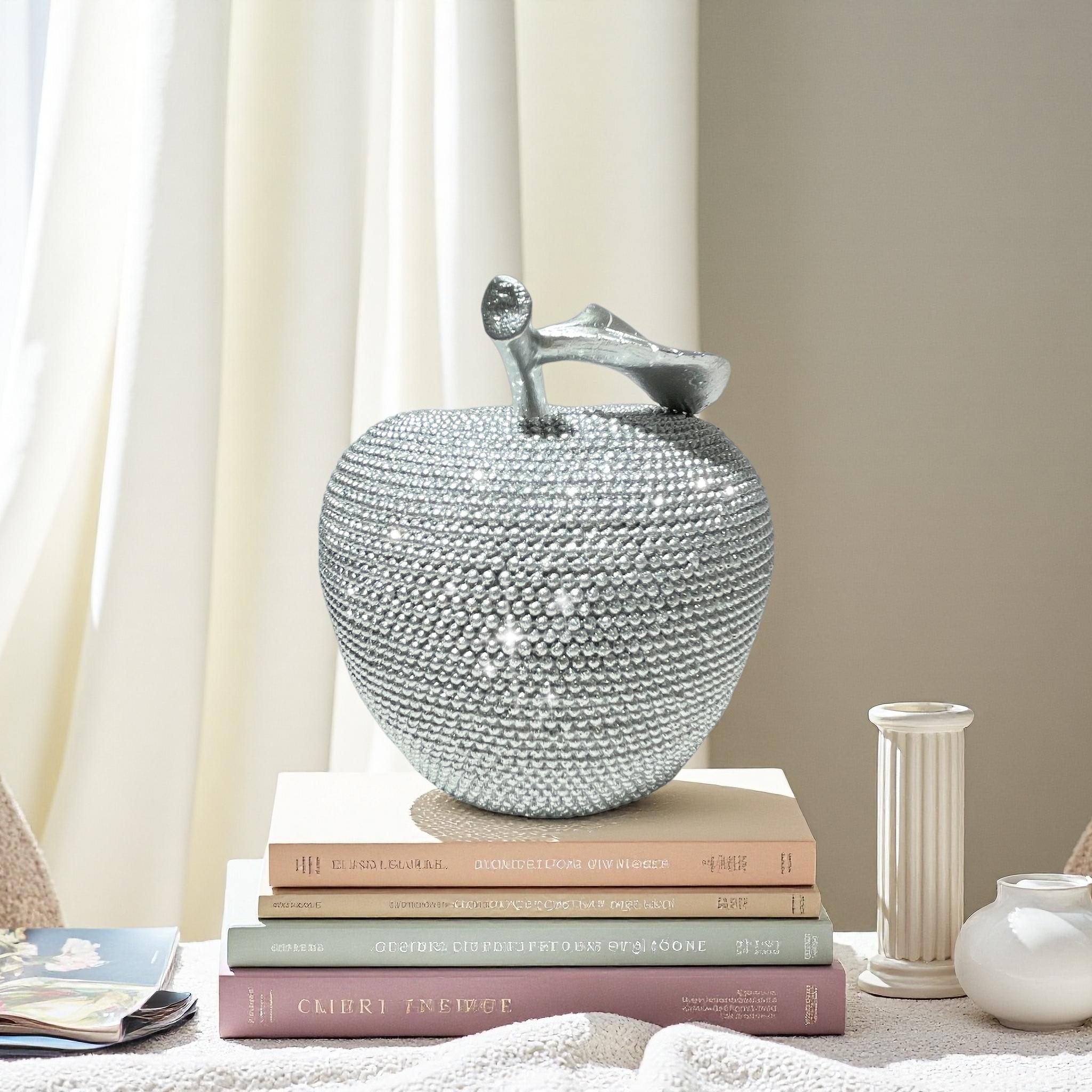 Luxury Silver Beaded Apple Decor | Bling Beaded Fruit Statue for Glam Home Office & Wedding Tabletop