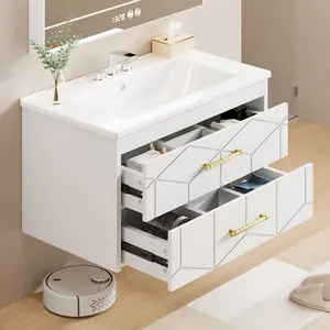 Floating Bathroom Vanity Unit with Ceramic Sink, Wall-Mounted Cabinet with 2 Soft-Close Drawers, Gold Metal Handles, Quick & Simple Assembly