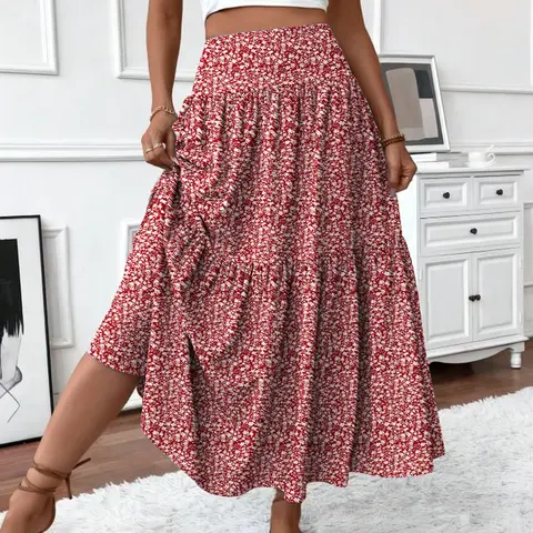 Women's Ditsy Floral Pattern Elastic-Waist Skirt, Casual Boho Style Fitted Long Skirt for Holiday, Beach & Daily Wear, Summer Clothes, Boho Print Skirt