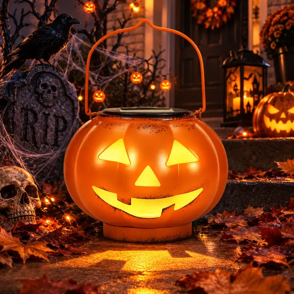 Halloween Solar Jack-O-Lantern Hanging Light, Auto On/Off Pumpkin Solar Lantern, Waterproof Outdoor Spooky Decor for Garden Front Door Lawn