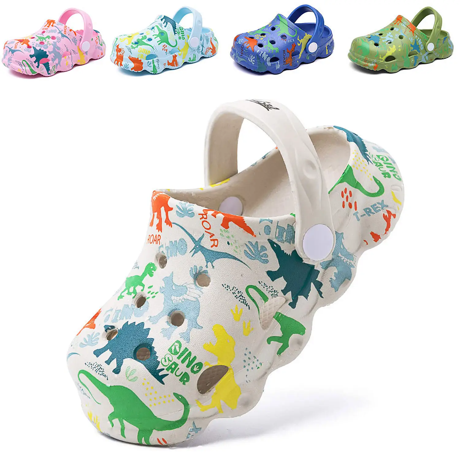 Drecage Kids Clogs Boys Girls Toddler Dinosaur Slip On Slide Garden Shoes Cartoon Beach Pool Water Clogs with Drainage Holes & EVA Sole