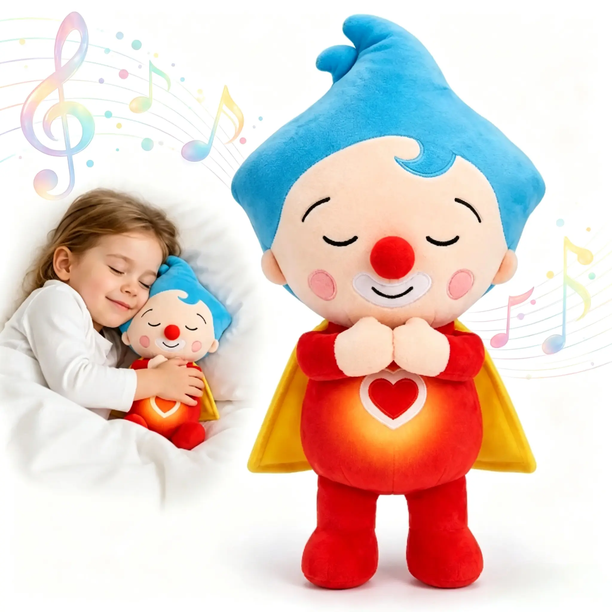 Breathing Plush Toy with Rhythmic Motion Soothing Sleep Aid Stuffed Animal Superhero Clown Plushie for Anxiety Relief Soft Cuddly Sleep Companion with Heart Decor Baby Nursery Bedtime Toy Birthday Gift for Kids Toddlers Boys Girls 40cm