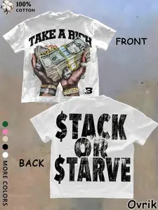 Unisex Y2K Clothing Hip Hop Money Graphic T-Shirt - "Take A Rich / Stack Or Starve" Hustle Streetwear Tee for Rap Fans, Trap Lovers & Urban Hustlers, Cotton Casual Top for Concert, Festival & Daily Street Style good