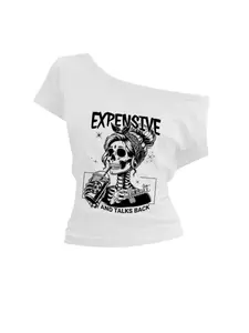 Women's Casual Loose Fit Asymmetrical Neckline Skull Print Skeleton T-Shirt, Soft Breathable Fabric, Perfect for Daily Wear & Halloween Tee