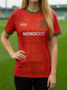 Women's Loose Fit Morocco Soccer Jersey, Geometric Pattern World Cup Tee, Breathable Athletic Streetwear with National Emblem, Soccer Shirt