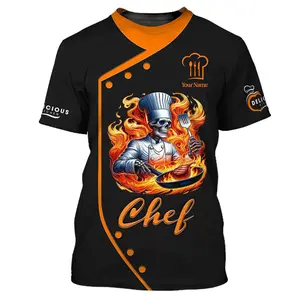 Chef T-shirts personnalisés de chef cuisinier Chef T-shirt 3D Skull Chef avec feu