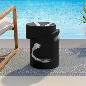 Outdoor Concrete Side Table w Graffiti , 14" Outdoor Accent Table, Round Ceramic Side Table Garden Stool for Lawn, Backyard, Pool
