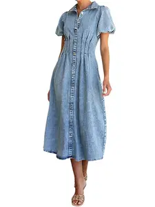 【New Arrival】Ebossy Women Long Denim Dress Puff Sleeve Button Down Casual Slim Fit Midi Jean Shirt Dress