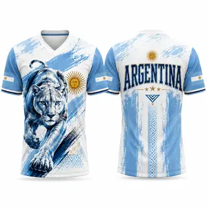 Argentina V-Neck Jersey for Men Women – Sky Blue White Soccer Style Shirt with Wild Cat Graphic, Sun of May & Flag Sleeve Athletic Tee