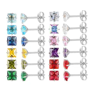 12 Pairs 18K Gold Plated Surgical  Stainless Steel  Stud Earring,Square Cubic Zirconia  Birthstone Stud Earrings Set