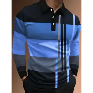 Men's Colorblock Print Half Button Polo Shirt, Regular Fit Casual Long Sleeve Collared Top, Longsleeves Menswear for Daily Wear