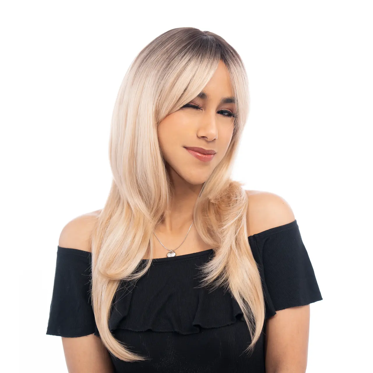 22-Inch Warm Blonde Ombré (Black Roots, Platinum Highlights) Layered Light Wave Synthetic Wig | 【Heat Resistant】【Cap Included】 | #10 41FSGB