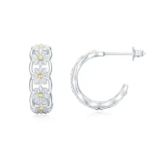 Daisy Half Hoop Earrings in 925 Sterling Silver