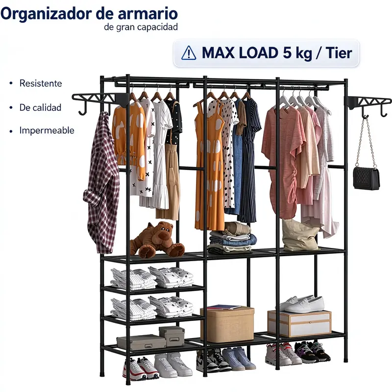 Black Durable Heavy-Duty Garment Rack Organizer with Steel-Plastic 3-Layer Drawer Cabinet, 63" L x 14" W x 67" H (63x14x67 inches) Adjustable 16mm Steel Tube Unit, 25kg Capacity for Bedroom Closet Storage System, Organizer Storage