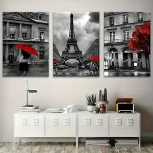 3-Piece Artistic Collectible Pine Wood Frame Wall Art Set - Modern Black and White Paris Eiffel Tower Landscape Print, Home Decoration Artwork for Living Room, Bedroom