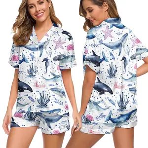 Ocean Sea Life Pajama Set for Women, Satin Short Sleeve Sleepwear with Whale & Seahorse Print, Summer Loungewear Gift