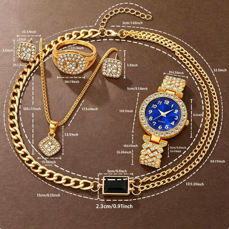 Blue Dial Crystal Watch & Jewelry Set | Full Bling 5-Piece Gold-Tone Stack