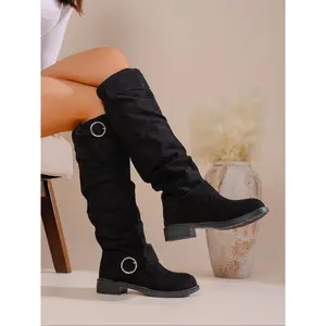Women's Wide Calf Knee High Boots, Comfortable Slip-On Design with Metal Buckle, Thick Sole Flat Heel Long Boot for Outdoor Wear, Casual Boots