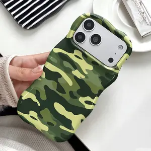 Green Camouflage Print Phone Case ,Cute Wavy Curved Edge Glossy Protective Shockproof Rugged Cover, Dual Layer Soft TPU Bumper Hard Shell Design for iPhone 11 12 13 14 15 16 17 Pro Max Air, Classic Camo Pattern