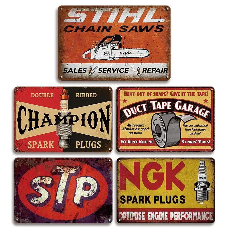 Vintage Themed Tin Sign Set, 5 Counts/set Retro Garage & Cave Decor for Men, Ideal for Old Car Shops, Oil Stations & Home Wall Art, Vintage Metal Yard Sign, Vintage Metal Sign, Home Decor Products, Home Decor Products