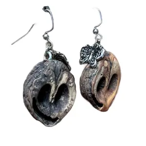 Black Walnut Shell Earrings with Butterfly Charms