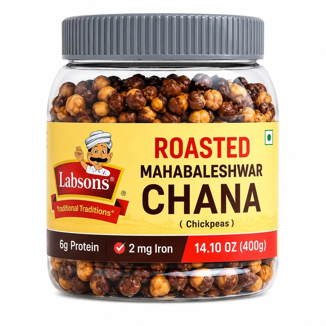 Jabsons Roasted Mahabaleshwar Chana 400g (14.10 oz) – Chickpeas with Skin | 6g Protein & 2mg Iron Per Serving | High Protein Crunchy Roasted Chickpea Snack | Traditional Indian Snack