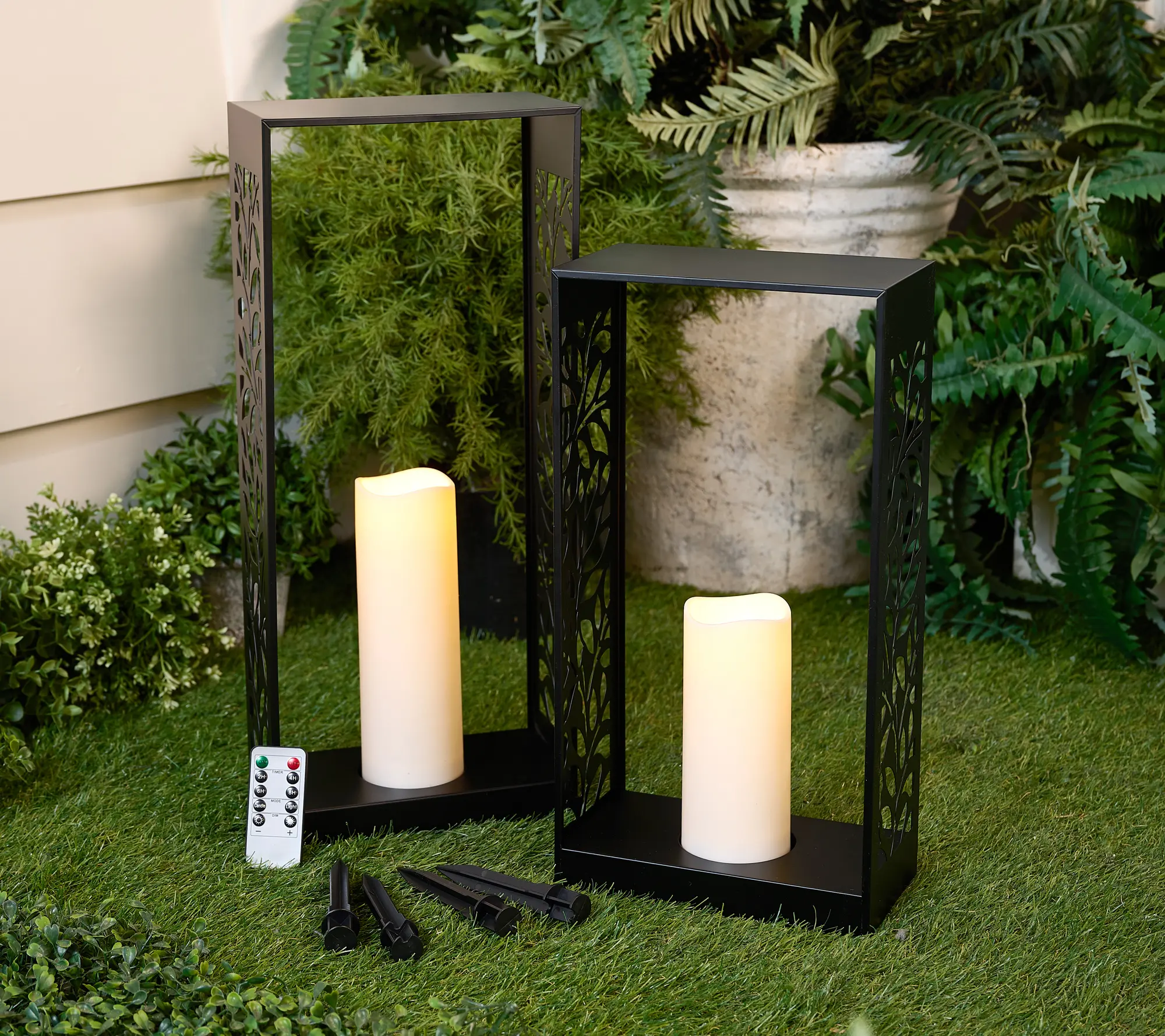Garden Reflections Set of 2 Metal Lanterns with Flameless Candles and Remote Garden Reflections Set of 2 Metal Lanterns with Flameless Candles and Remote