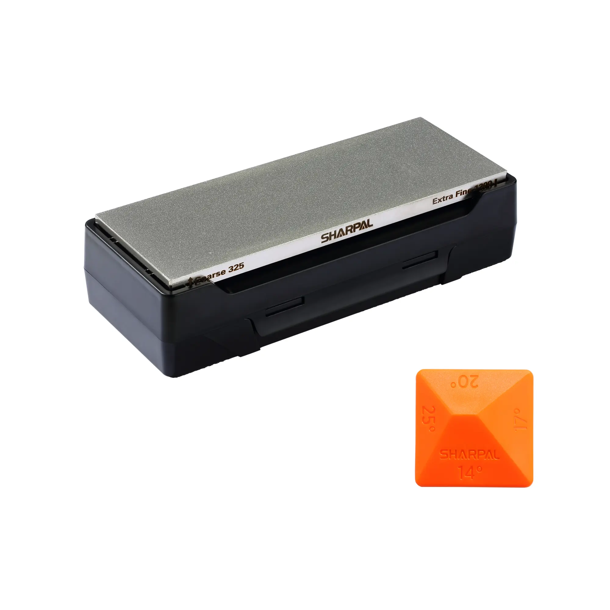 SHARPAL Dual-Grit Diamond Sharpening Stone - Coarse 325 Grit Edge Setting, Extrafine Refining, 0.33in Thick Steel Base, Mirrorflat Technology Super Flat Surface, Angle Guides, Durable, Storage Base Included for Kitchen Knives & Ceramic Tools