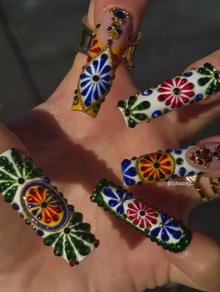Handmade Mexican Talavera Press-On Nails - Luxury 3D Ethnic Floral, Premium Spanish Ceramic Tile Extra-Long Square Nail Art Accessories