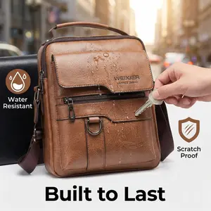 WEIXIER Vintage Faux Leather Crossbody Bag for Men, Vertical Business Satchel with Adjustable Shoulder Strap, Brown