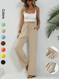 Women's Plain Pocket Tie Front Elastic Waist Straight Leg Pants, Casual High Waist Wide Leg Trousers for Daily Wear, Ladies Bottoms for All Seasons, Baggy Pants