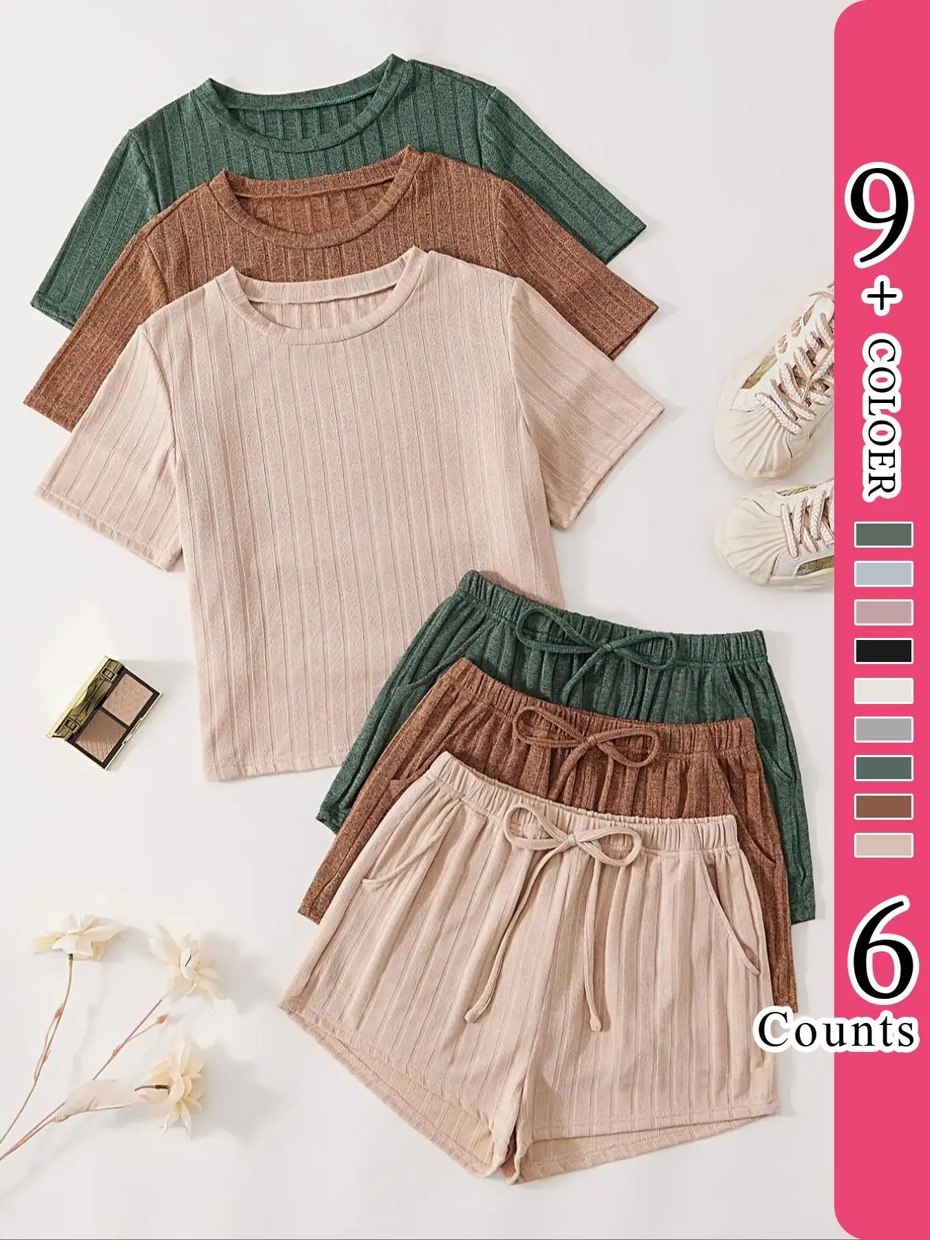 Women's Plain Round Neck Tee & Knot Front Elastic Waist Shorts with Pocket Loungewear Set, Summer Wear 2024, Casual Soft Pajamas Set for Daily Home We