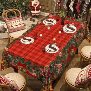 Rectangular Christmas Tablecloth, Plaid Background, Holly Berry Design, Holiday Party Decorations, New Year Eve Dinner Decoration