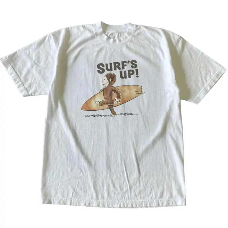 Men's 100% Cotton Round Neck Curious George Surfs Up Graphic Tee - Unisex Vintage Animal T-Shirt, Gothic Grunge Y2000 Emo Streetwear, Summer New Year Gift, Perfect Fit Shirts Graphic Tees