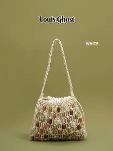 2026 New White Woven Drawstring Bucket Bag for Women Cute Beaded Charm Handbag Macrame Straw Shoulder Bag with Braided Strap Boho Beach Crossbody Purse for Summer Vacation Travel Shopping Gift for Girls Teens Ladies Lightweight Elegant