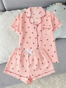 Women's Pajama Set, Sweet Casual Home Wear, Full Cherry Print Short Sleeve Shorts, Elegant Simple Design, All Season Sleepwear