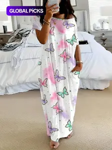 Women's Tie-Dye Butterfly Heart Print Nightgown, Round Neck Loose Fit with Pockets, Comfortable Soft Sleep Dress, Loungewear for All Seasons