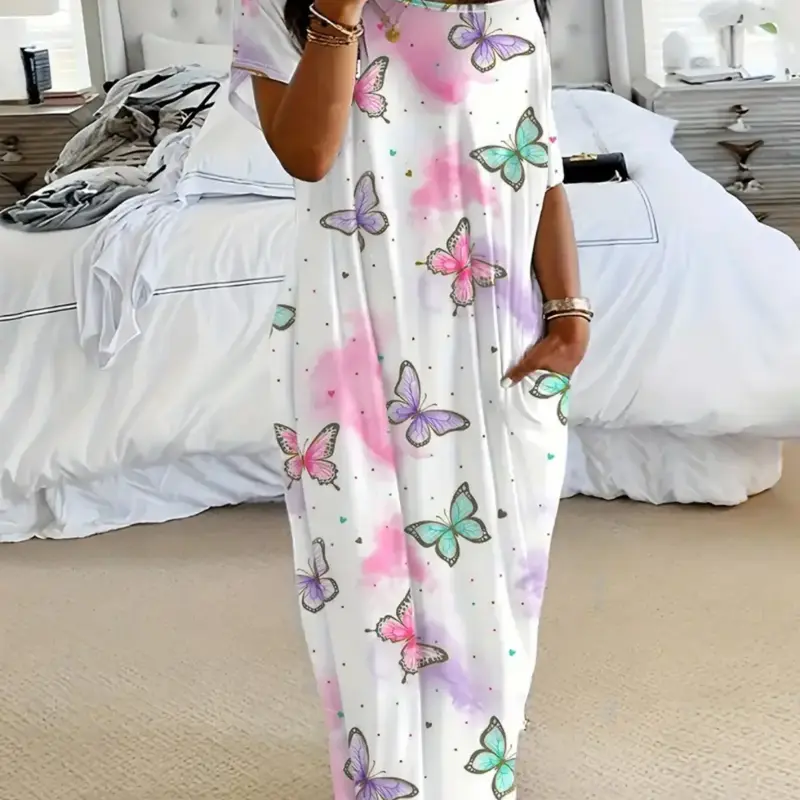 Women's Tie-Dye Butterfly Heart Print Nightgown Sleepwear, Round Neck Loose Fit with Pockets, Comfortable Soft Sleep Dress, Nightwear Loungewear for All Seasons Printed Nightgown