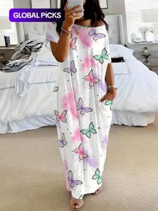 women's butterfly / star print pocket round neck nightdress, casual soft comfortable short sleeve nightgown for all seasons, lady's sleepwear for indoor wear, loungewear, womenswear, night gown for women, nighty dress