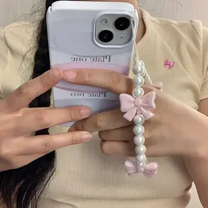 1pcs Pink Pearl Bow Phone Chain Anti-Lost Bracelet For Mobile Phone Case Wrist Strap DYM Lanyard Phone Keychain Portable Chain