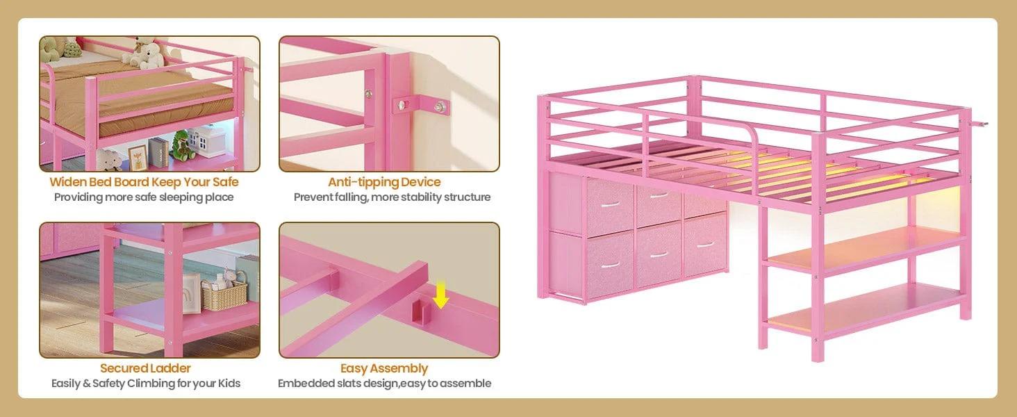 Sikaic Twin Size Low Loft Bed with 6 Storage Drawers and LED Lights Modern Kids Metal Loft Bed with 15H Stairs & Safety Guardrail and 2 Tier Storage Shelves