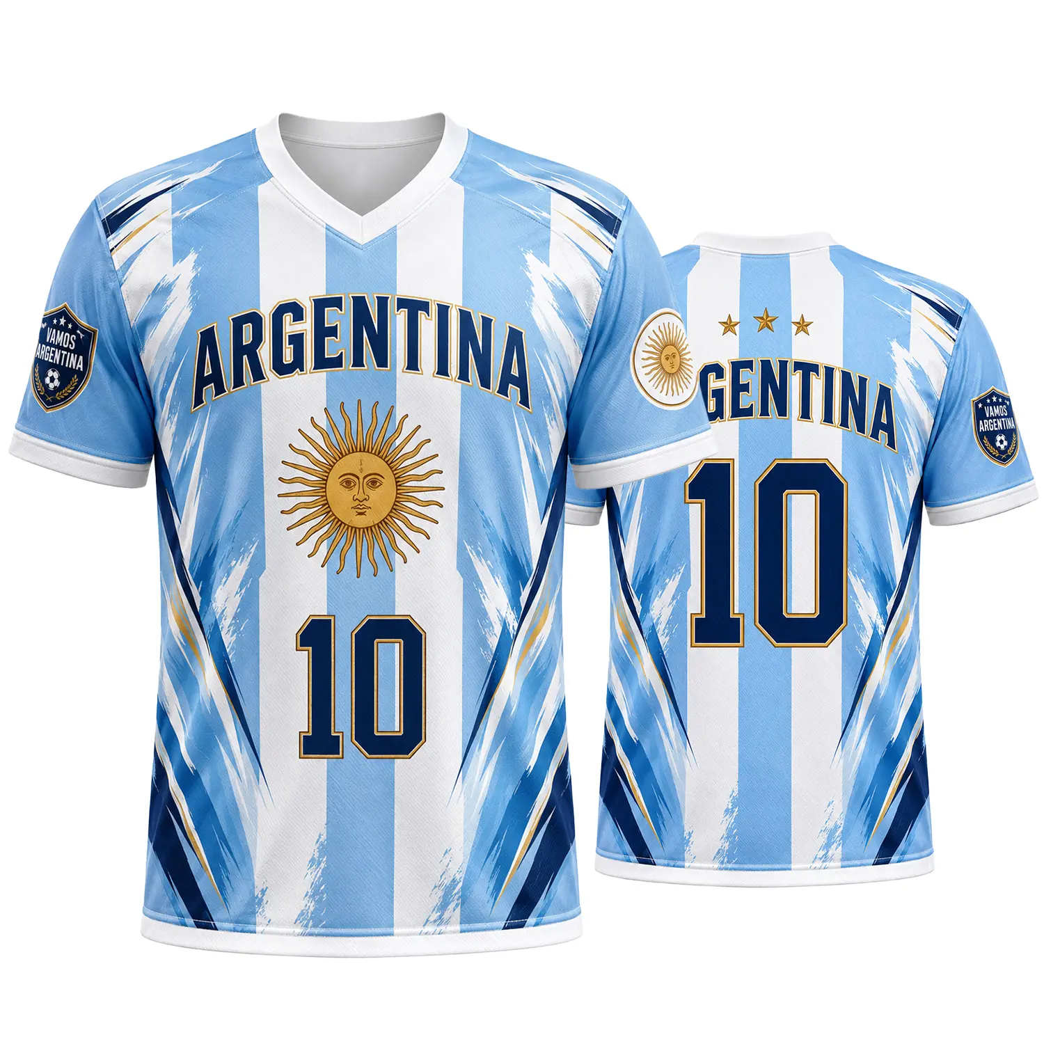 Argentina V-Neck Soccer Jersey for Men Women – Sky Blue White Sun of May Graphic Shirt with 3 Stars, Number 10 & Vamos Argentina Sleeve Patches
