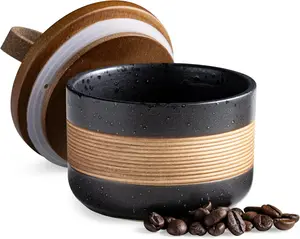 Small Ceramic Jar with Lid, Coffee Container Kitchen  Storage Jars for  Sugar  Bag Matcha Container Airtight, Stacairtightkable Decorative Jars for Countertop, Black & 5 fl.oz