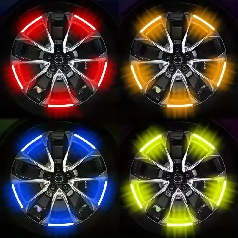 4 Piece Mixed Color Car Wheel Reflective Stickers, Car Automotive Accessories, Tire Rim Glow Decals, Road Safety Reflector Strips for Cars Motorcycles Bicycles