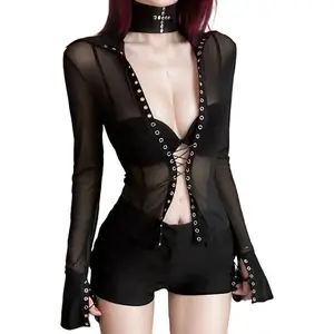 Women's Sexy Sheer Mesh Button Down Long Sleeve Crop Top Tie-up Front Grommet Tops Long Sleeve Lapel CollarFit Sheer Mesh Shirts Spring Fall Blouses