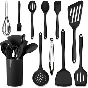 11 count  Cooking Utensils Set, Heat Resistant Kitchen Utensils with Holder, -grade Spatula Sets for Nonstick Cookware, Kitchen Tools Gadgets Include Fish Turner, Spoon (Black)